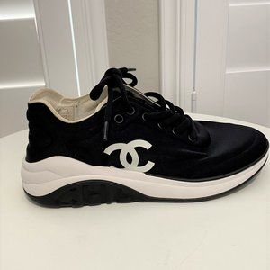 Chanel 19P Black Lycra White CC Logo Lace Up Tie Low Top Trainer Sneaker 37.5
